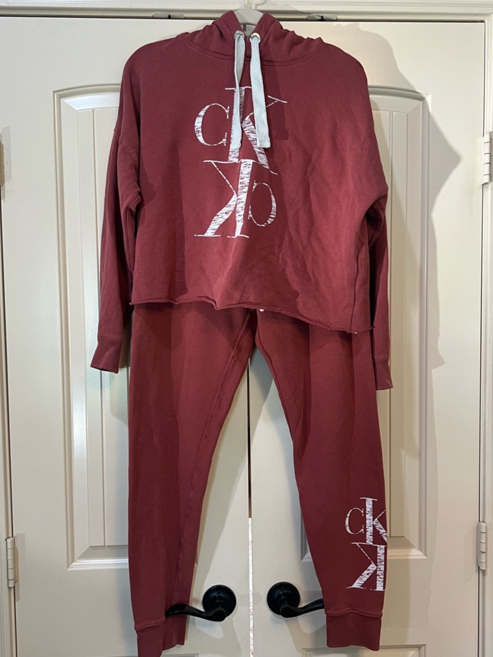 Calvin Klein Maroon Crop Hoodie & Joggers Set